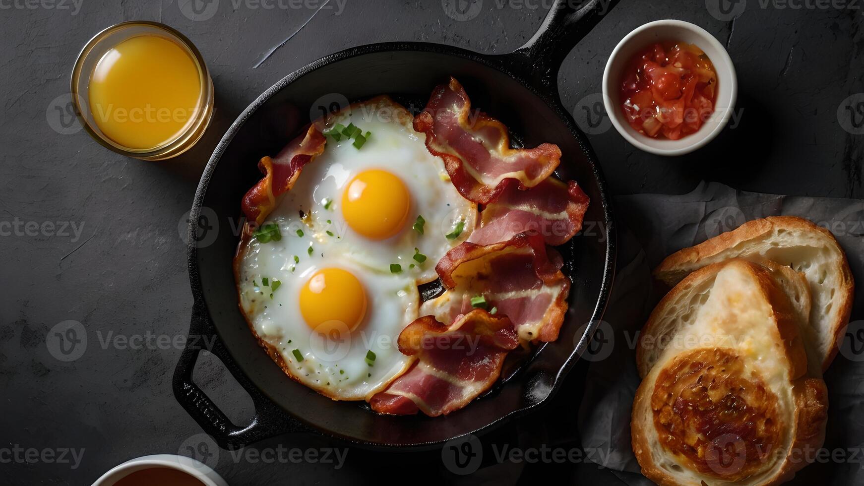 Delicious English Breakfast with Fried Eggs, Crispy Bacon, and Toast on Dark Concrete Background photo