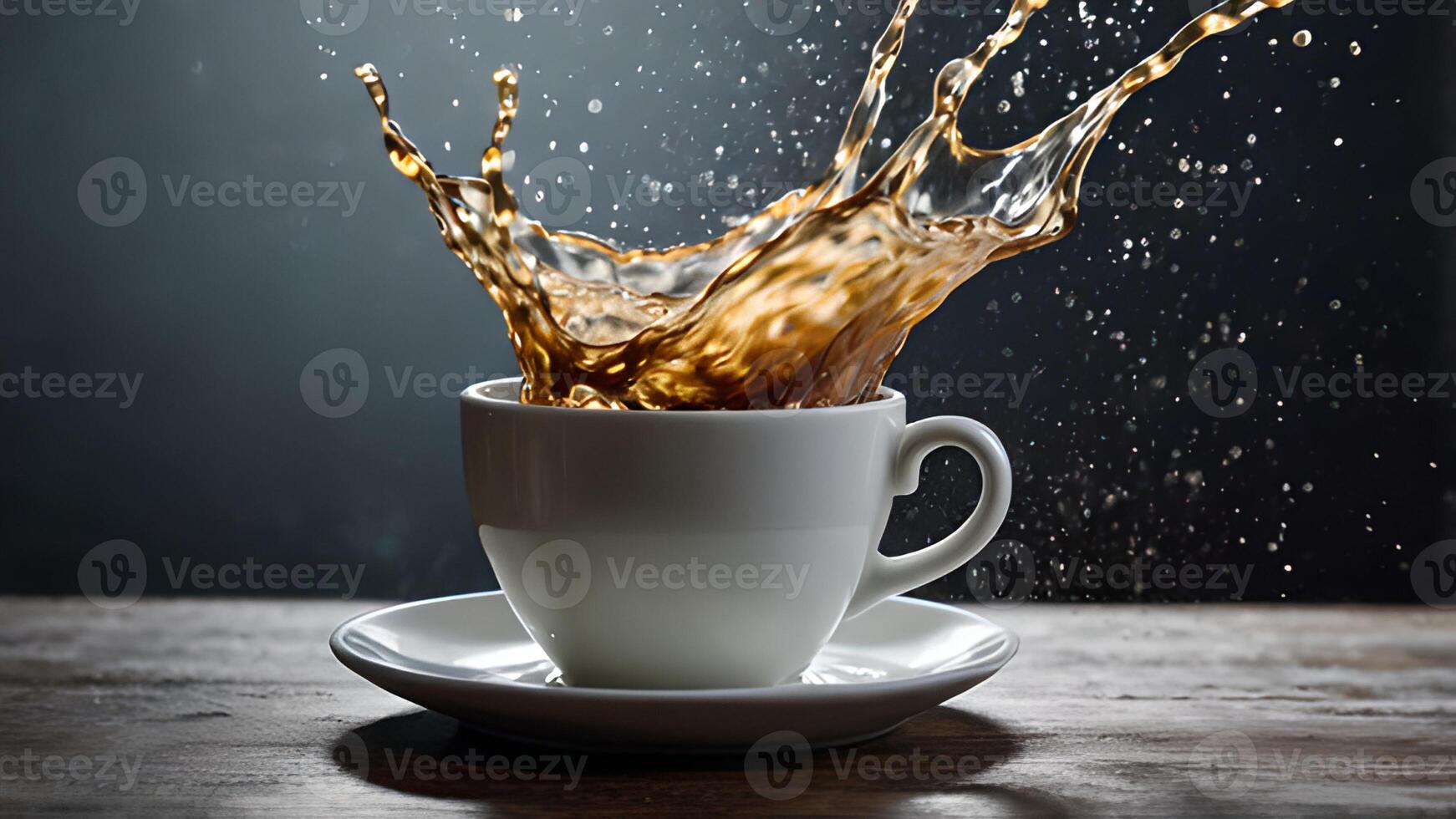 Coffee Splashing From White Cup on Wooden Table photo