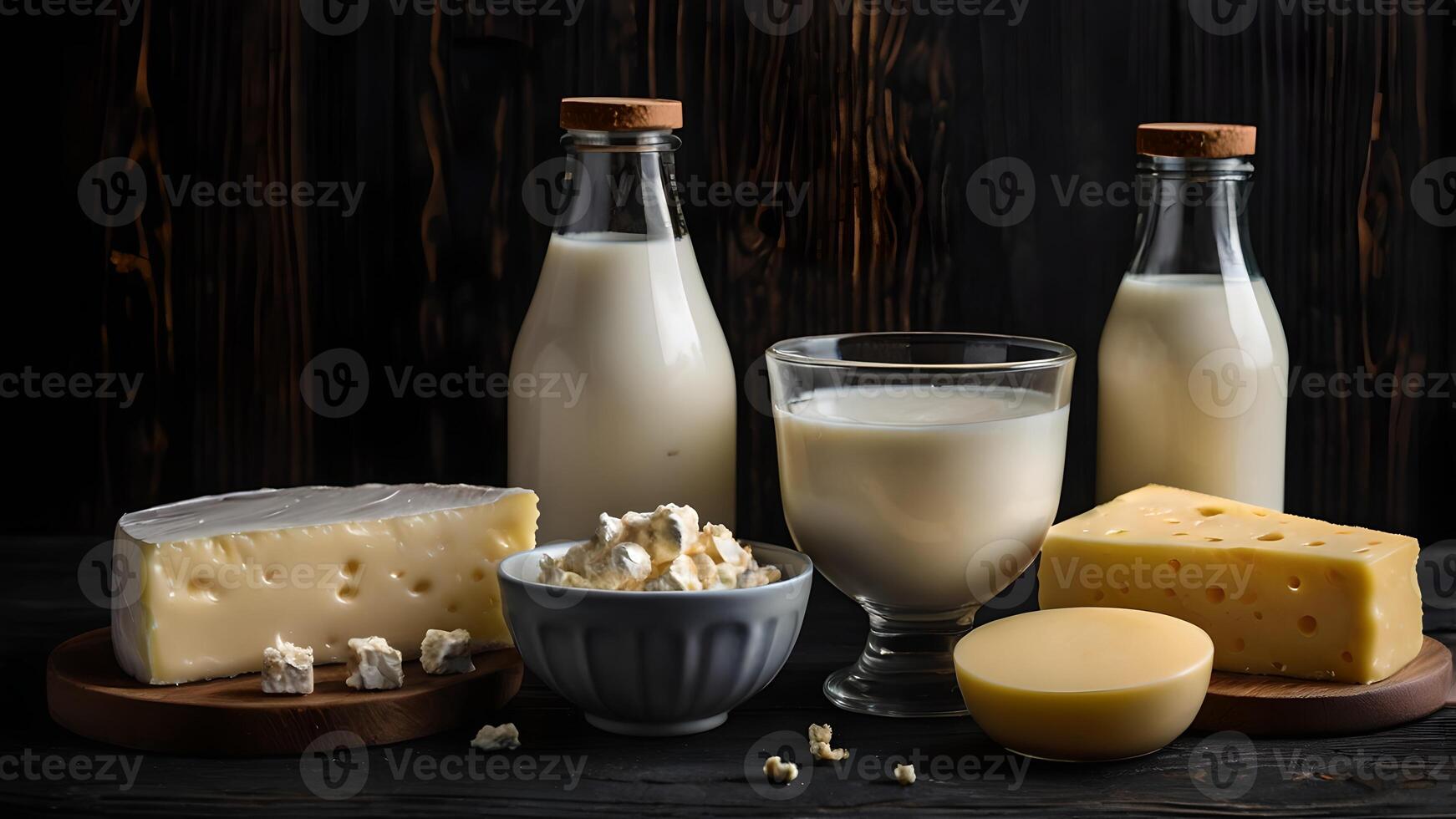 Dairy Products On Rustic Black Wood Table photo
