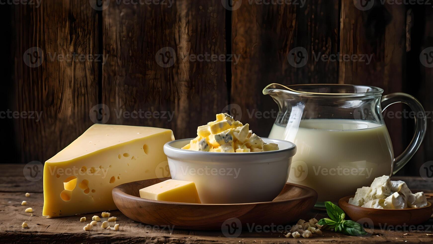Rustic Table Setting with Dairy Delights Milk, Cheese, Butter, and Cottage Cheese photo