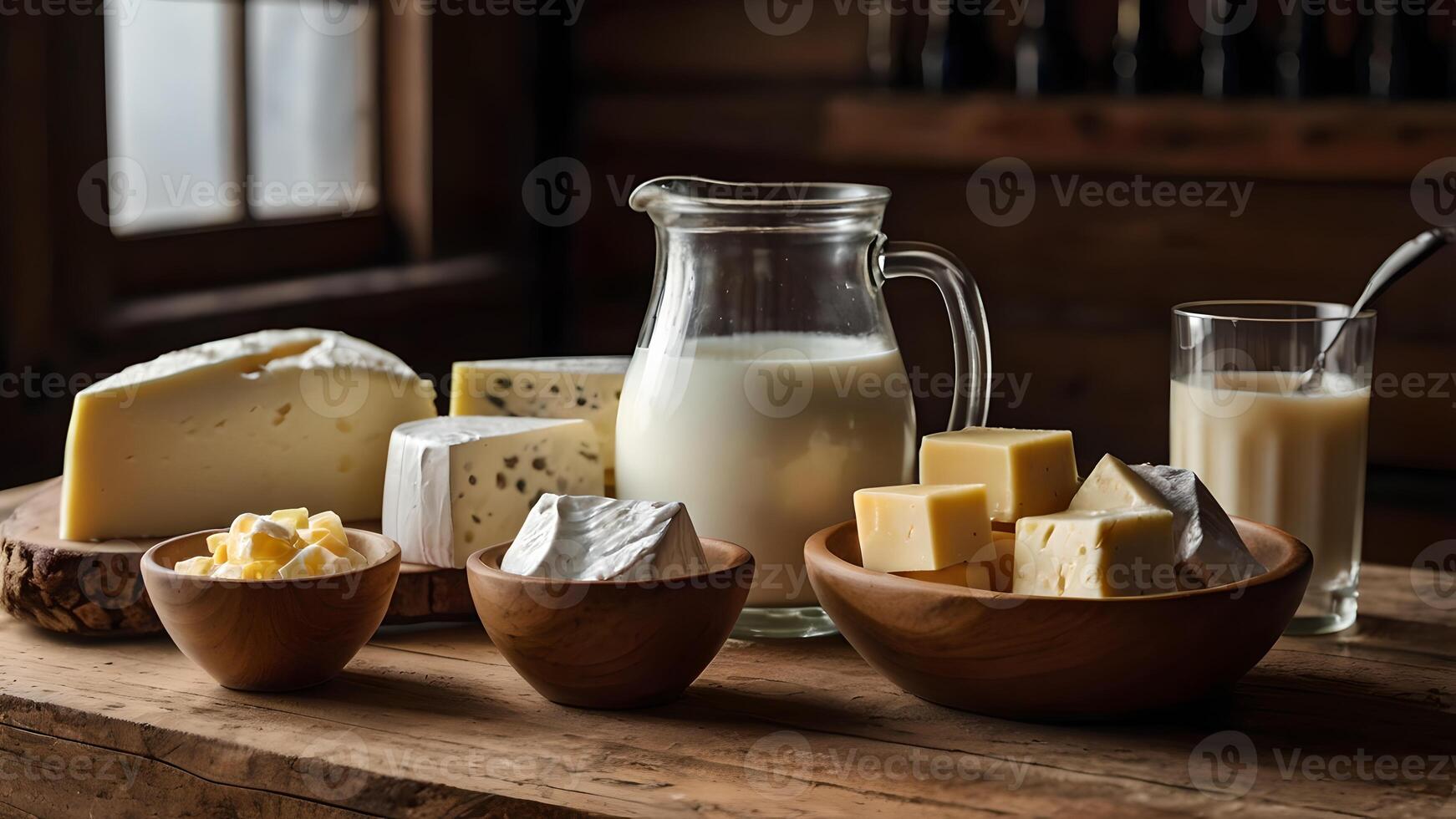 Fresh Dairy Products On Rustic Wooden Table With Milk And Cheese photo
