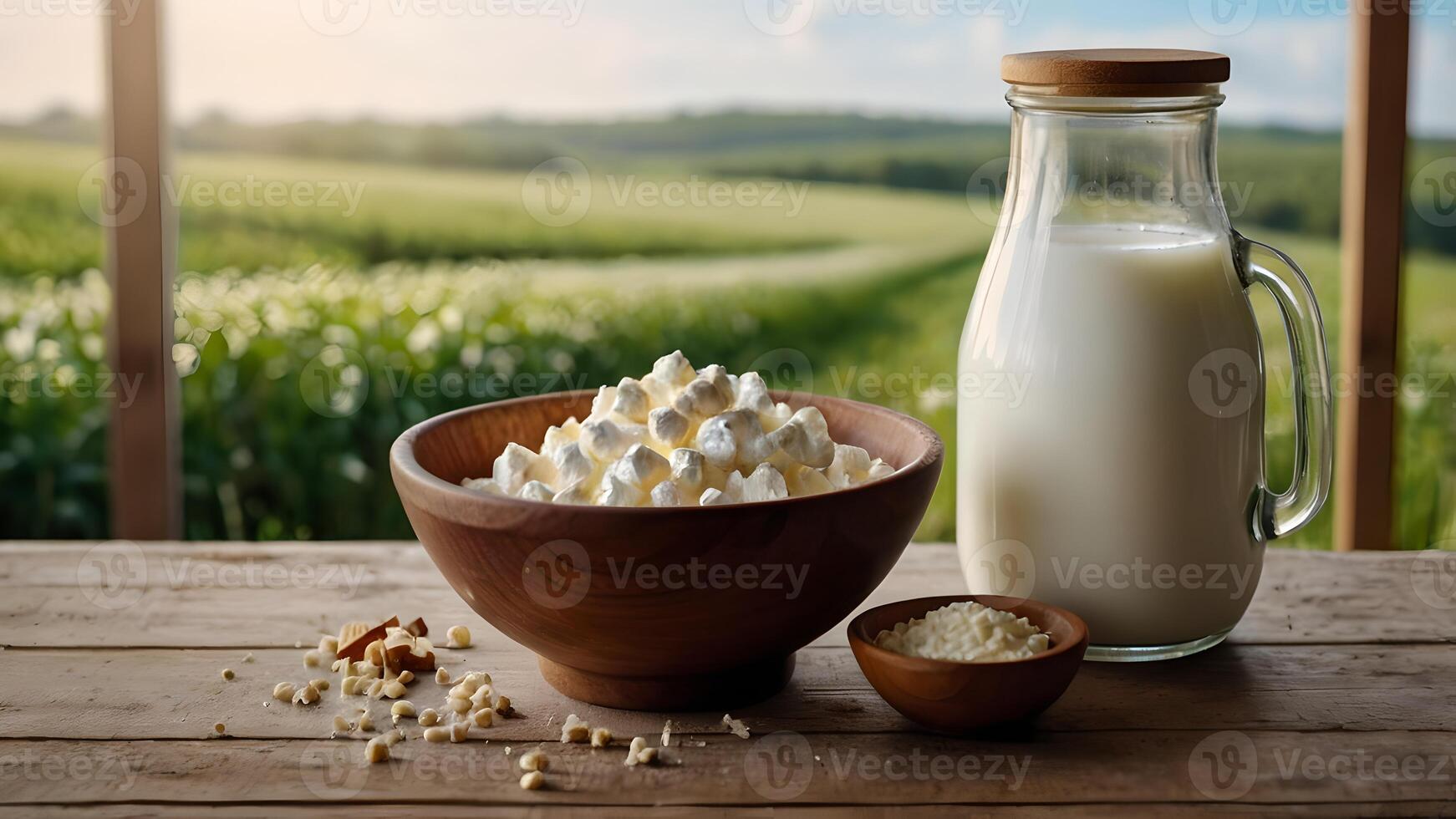 Cottage Cheese and Milk on a Rustic Table in a Pastoral Setting photo