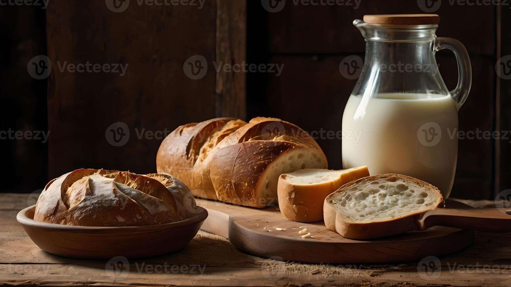 Rustic Table Setting with Dairy Delights Milk, Cheese, Butter, and Cottage Cheese photo
