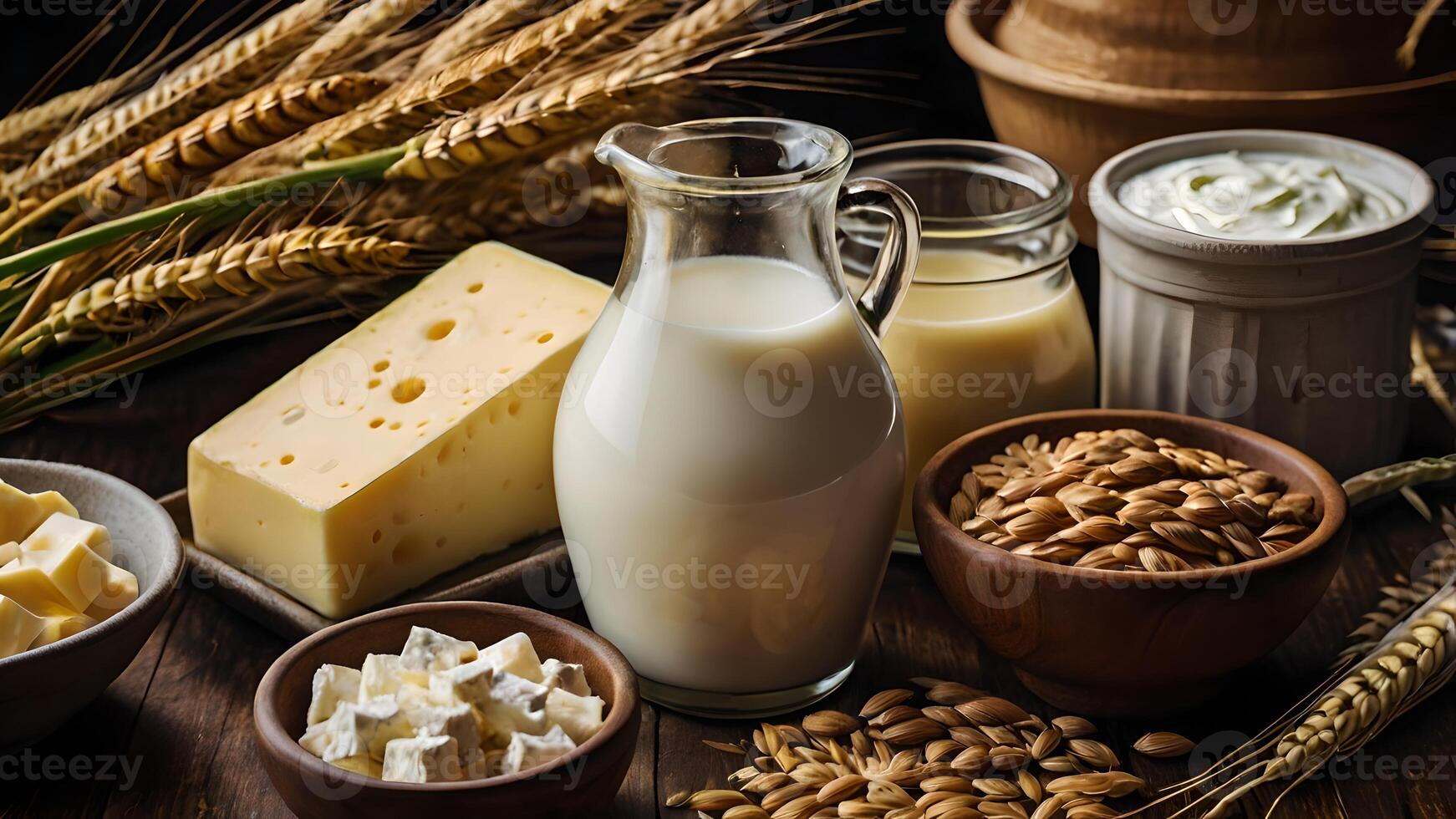 Dairy Products and Wheat Sprouts on Wooden Table photo