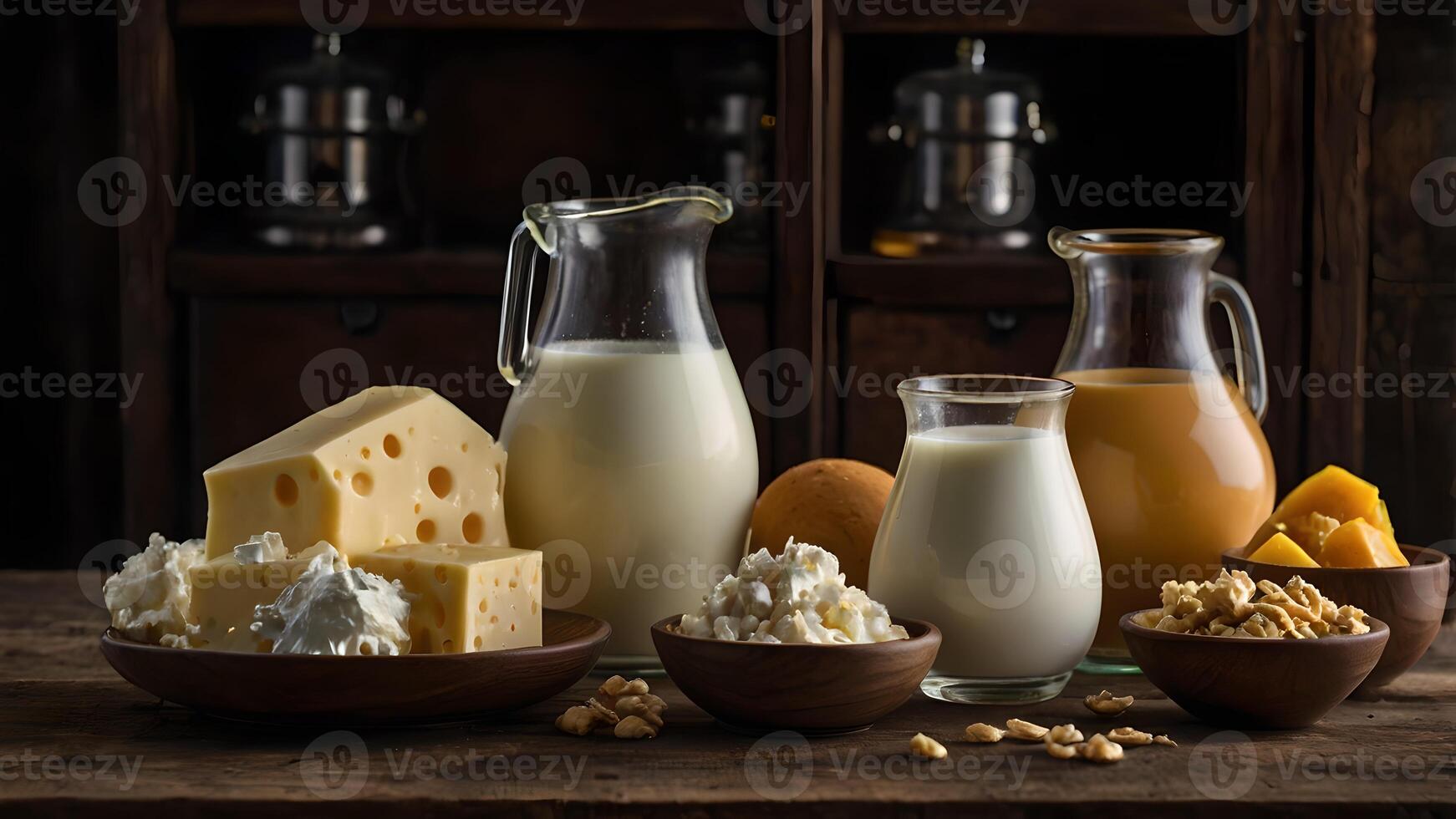 A Rustic Kitchen Table Display of Assorted Dairy Products photo