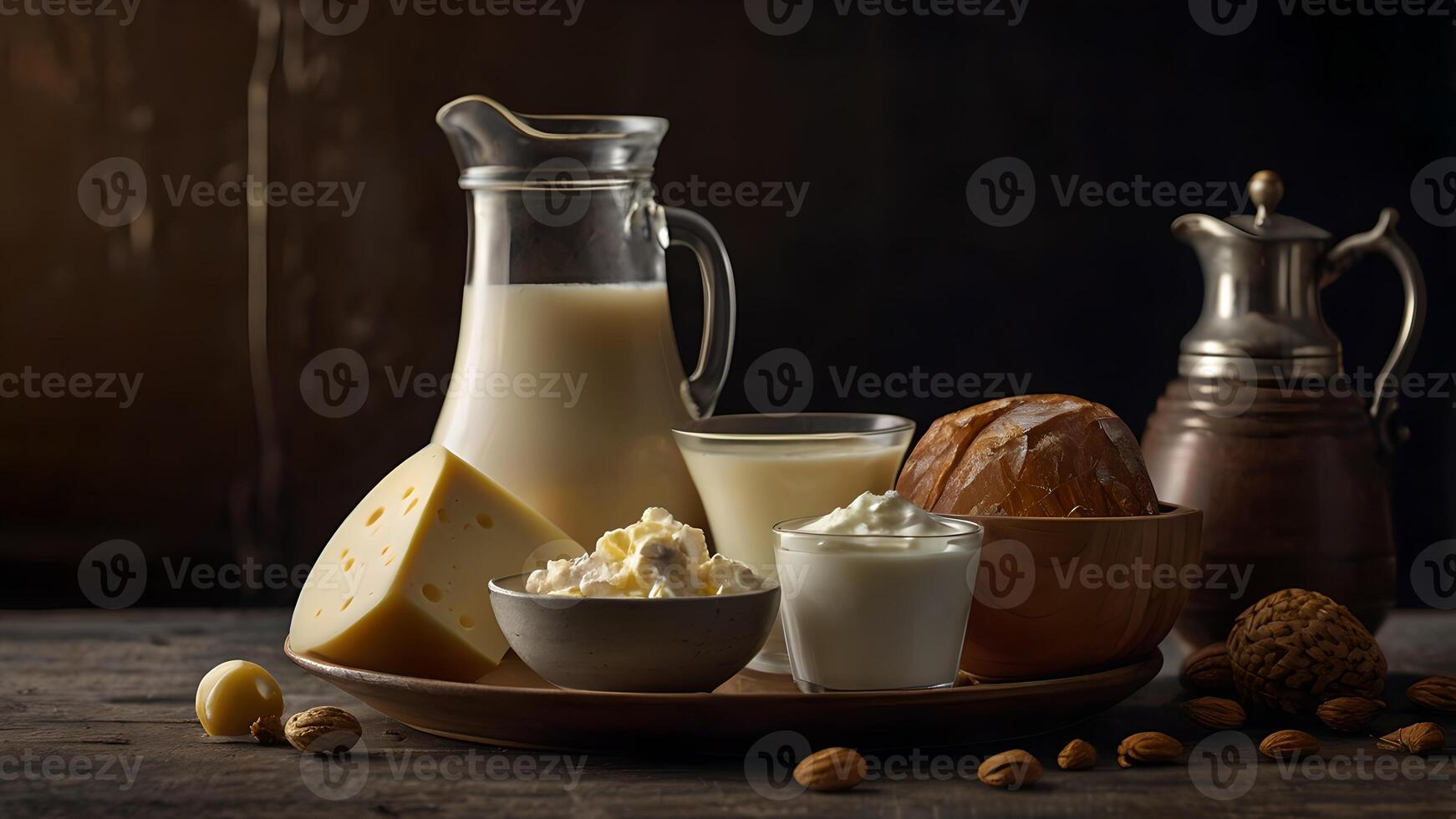 A Rustic Table Setting with Milk, Cheese, Yogurt and Bread photo