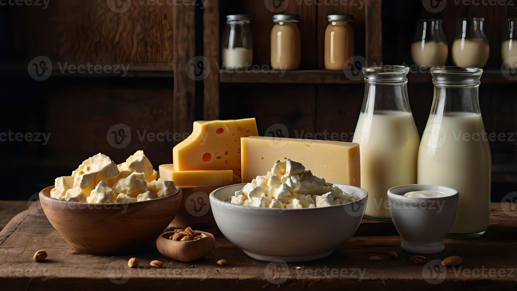 Dairy Products Assortment On Wooden Table With Rustic Background photo
