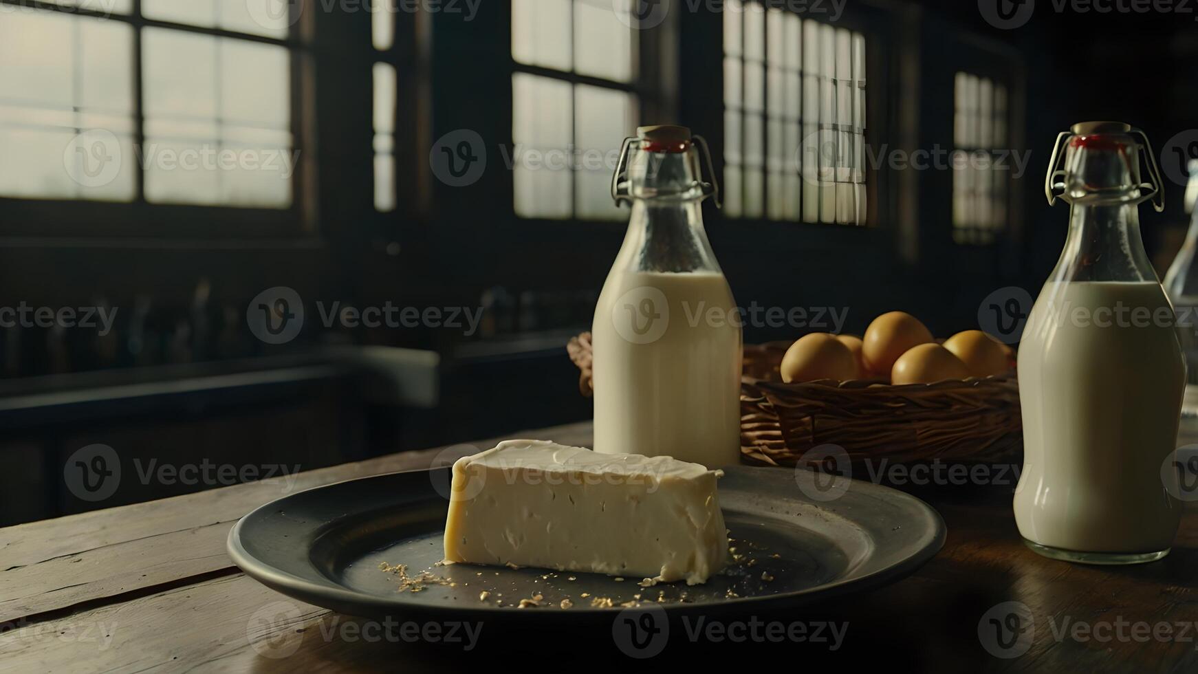 Milk Bottles and Cheese on Rustic Wooden Table photo