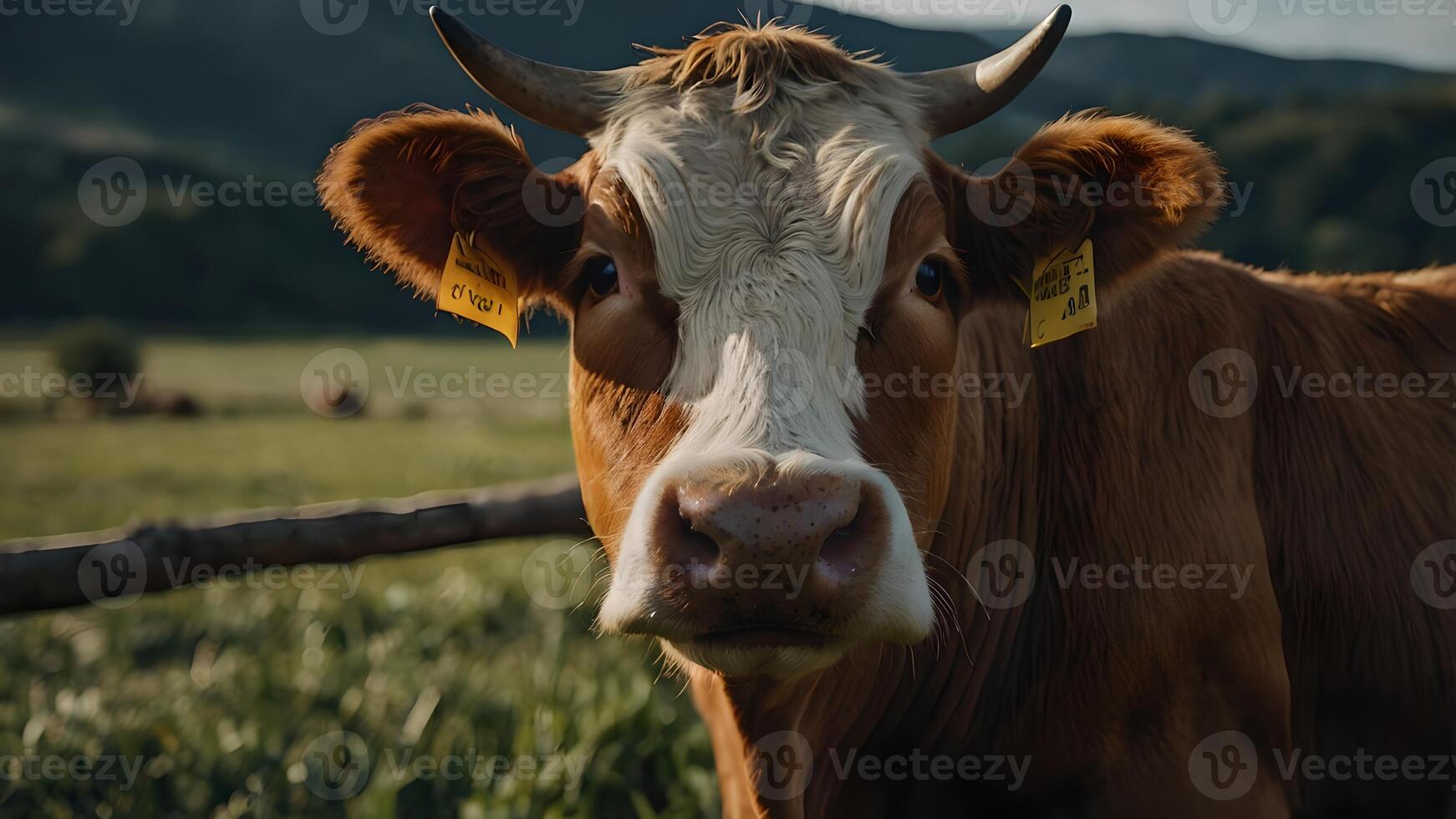 Close Up Portrait of a Curious Brown and White Cow with Yellow Tag in a Lush Green Field photo