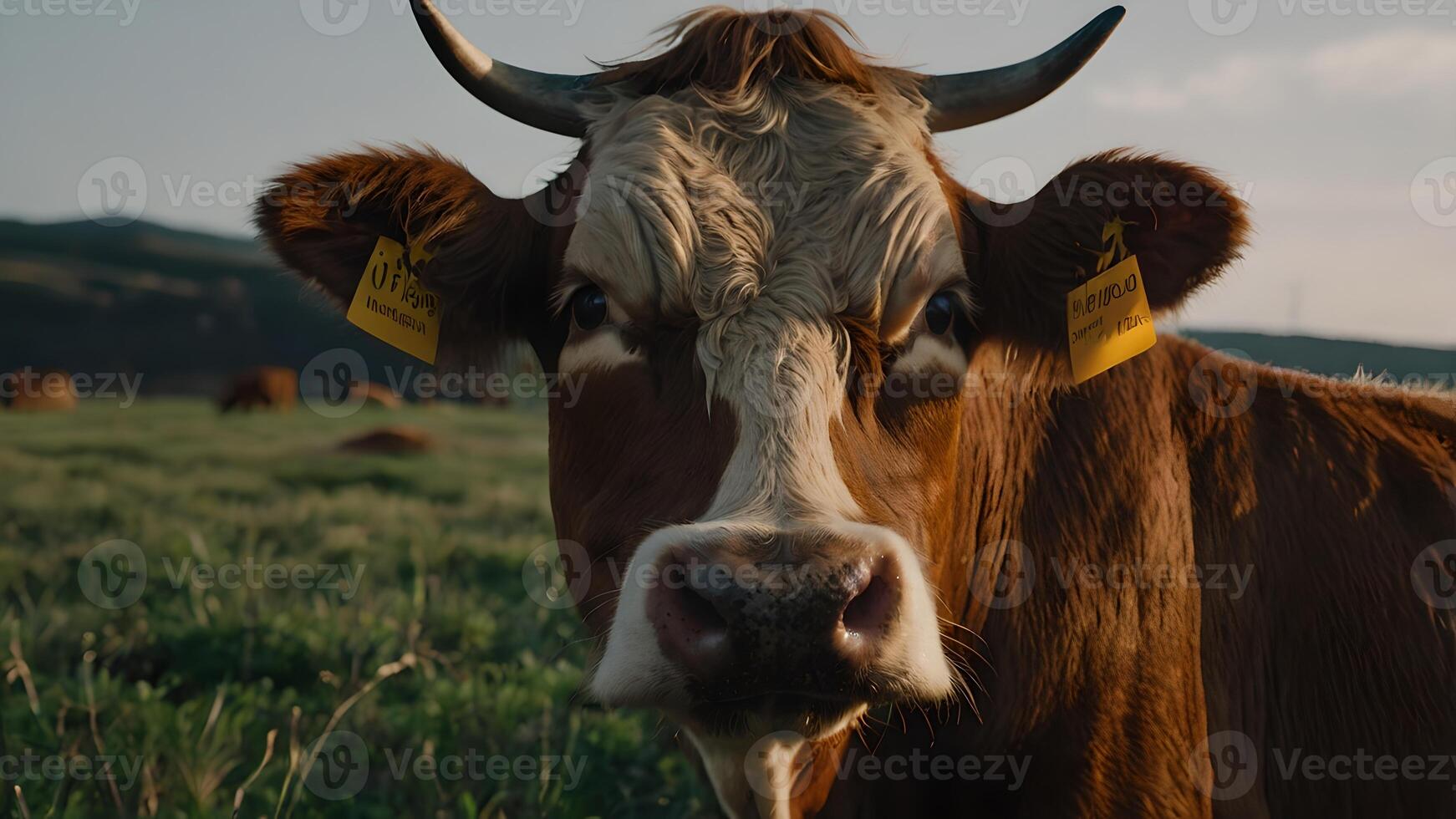 Close Up of a Brown and White Cow with Tags in a Grassy Field photo