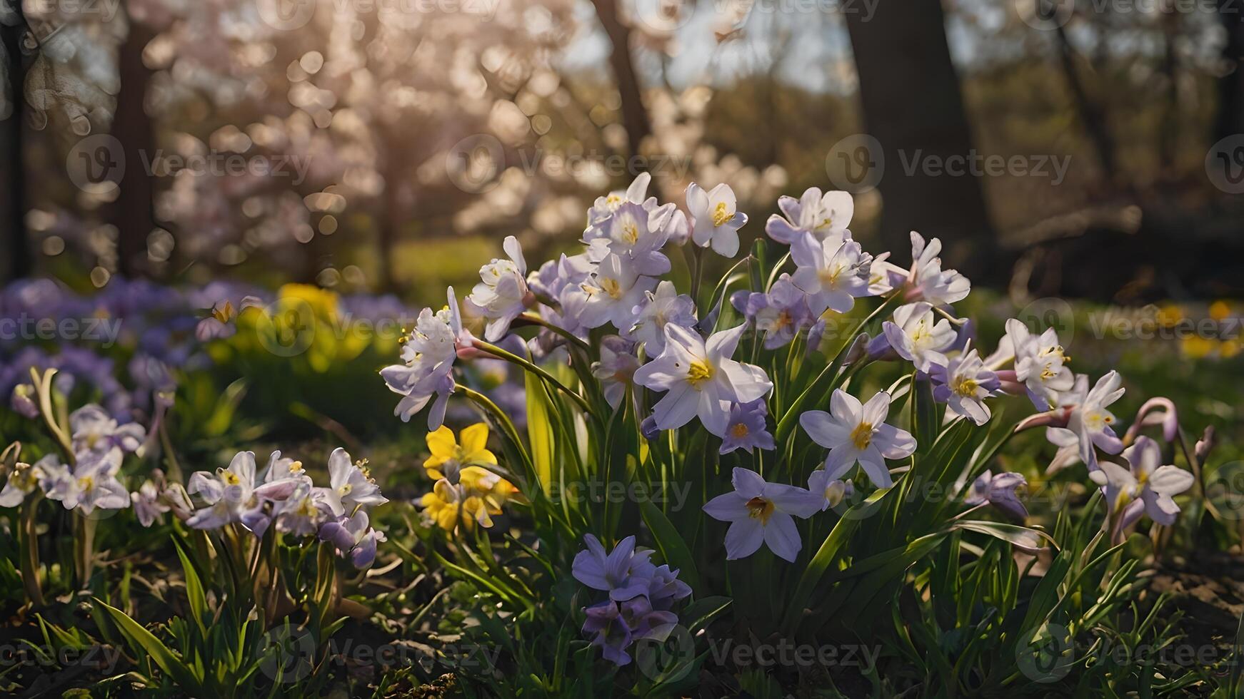 Delicate Spring Flowers Blooming in a Sunlit Forest photo