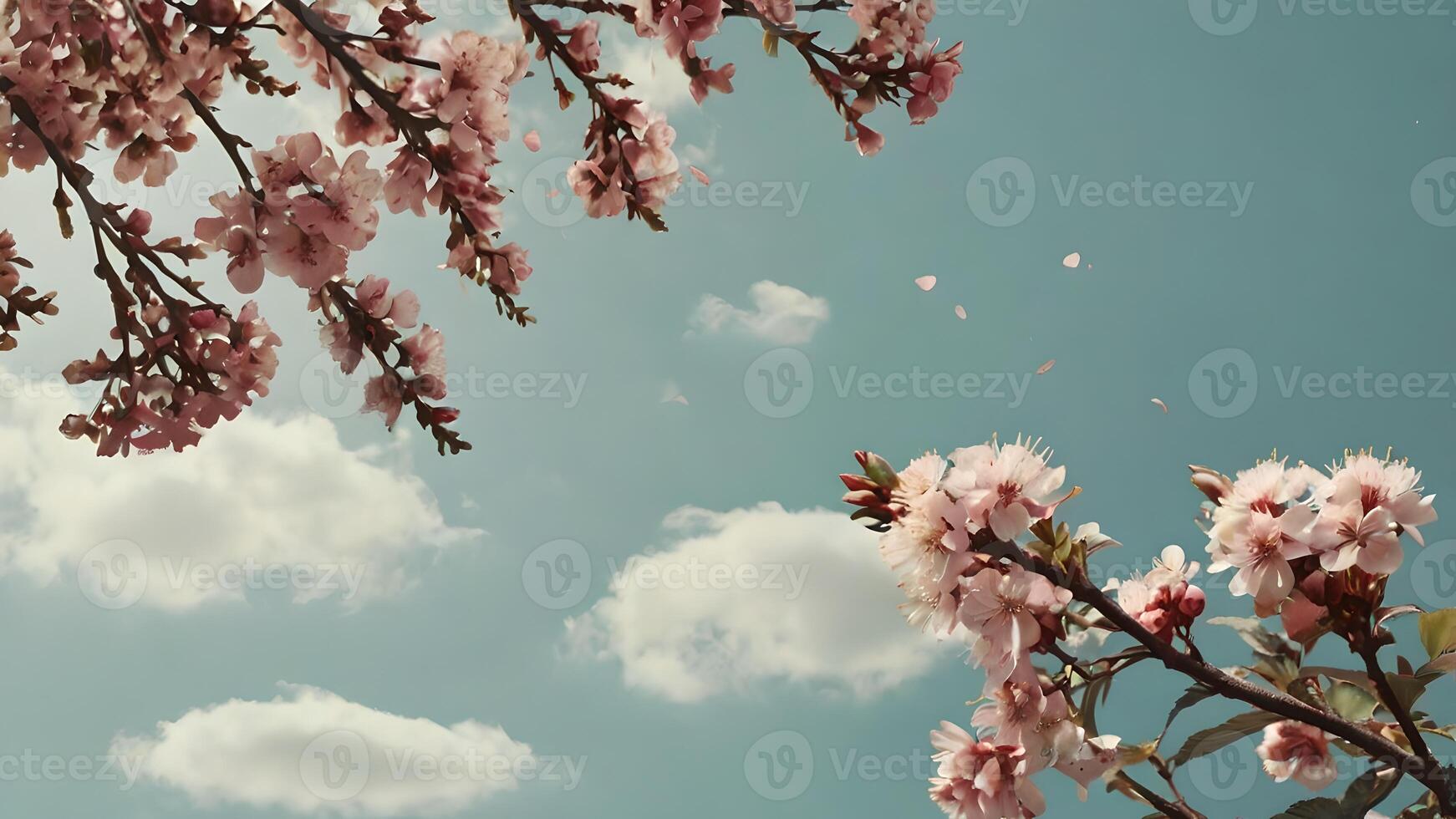 Pink Cherry Blossom Tree Branches Against A Blue Sky With White Clouds photo