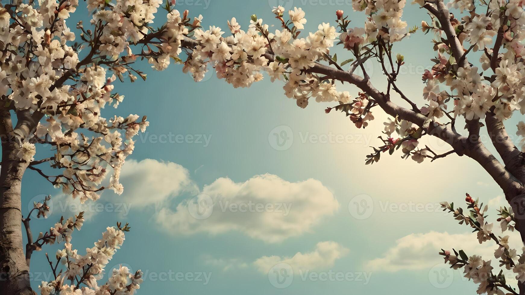 Delicate White Flowers Blooming on a Branch Against a Blue Sky with Clouds photo