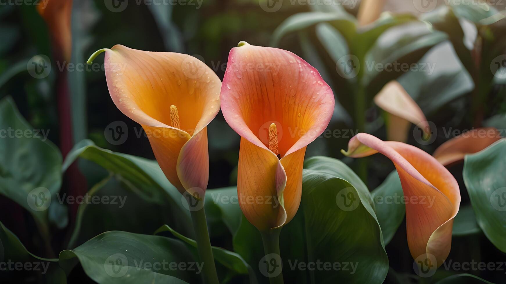 Blooming Orange and Pink Calla Lilies in a Lush Garden photo