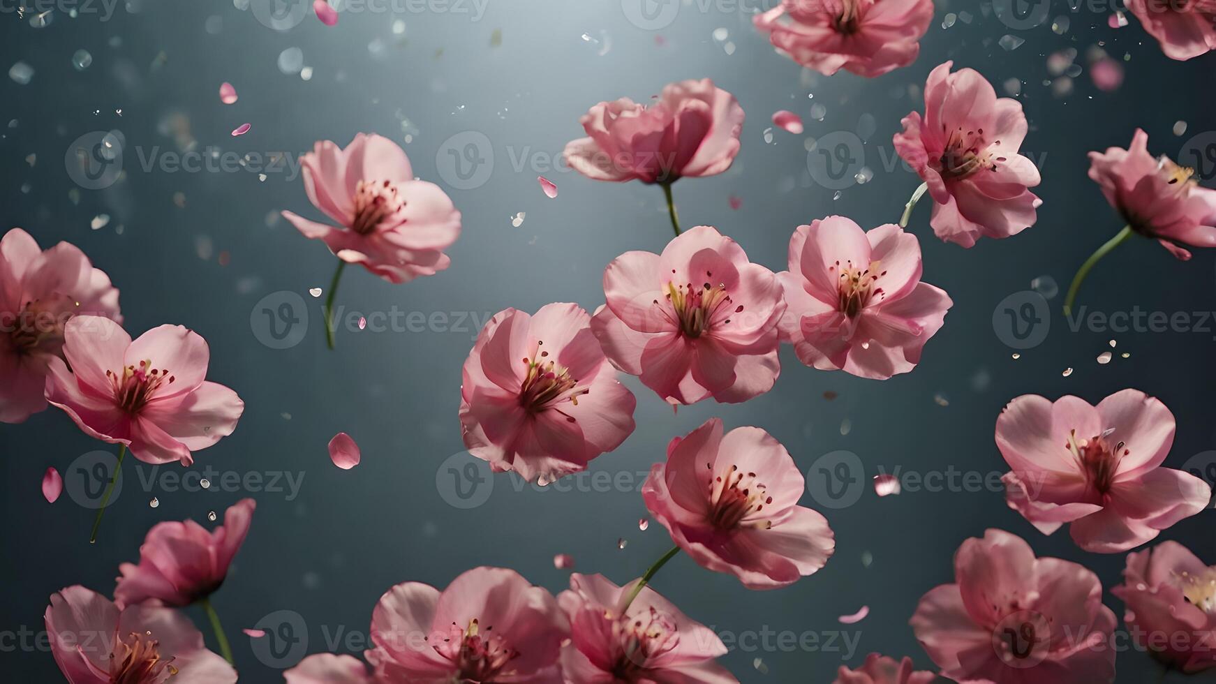 Pink Cherry Blossoms Falling Against a Soft Blue Background photo