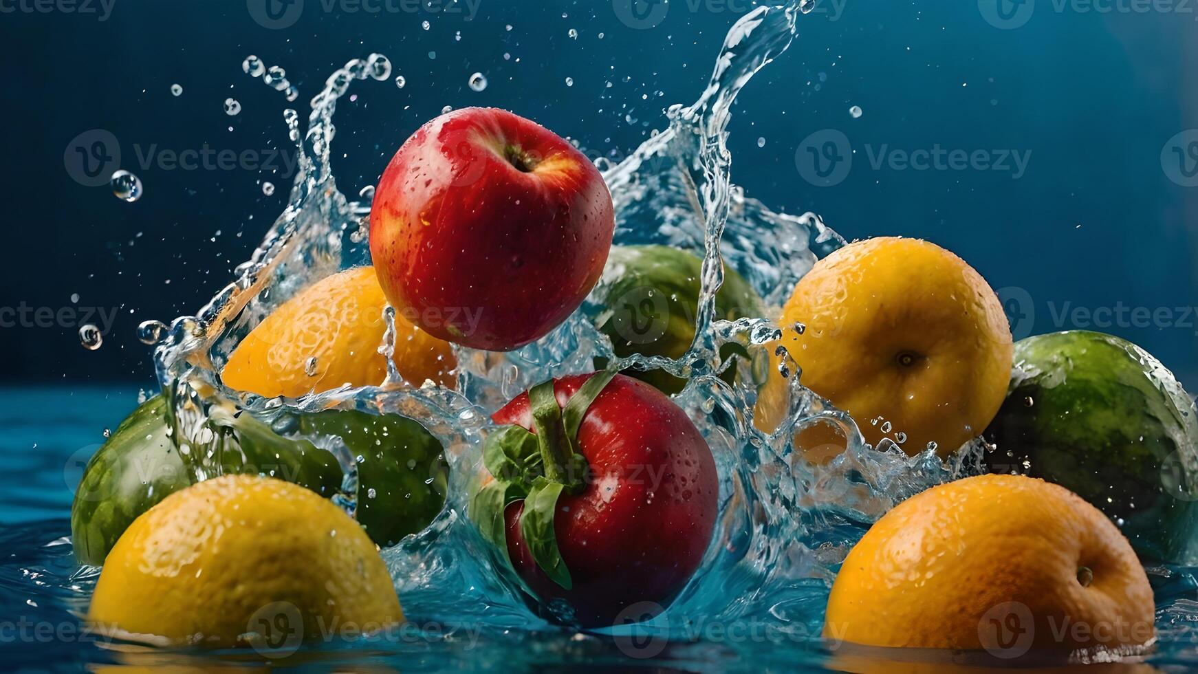 Vibrant Fruits and Vegetables Splashing in a Refreshing Water Display photo