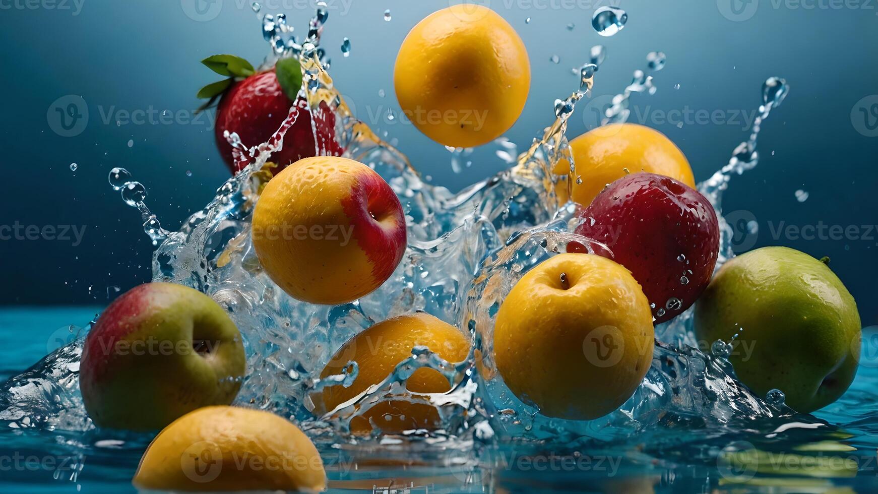 Fresh Fruits Splashing in Crystal Clear Water, A Refreshing Burst of Vitamins and Flavors photo