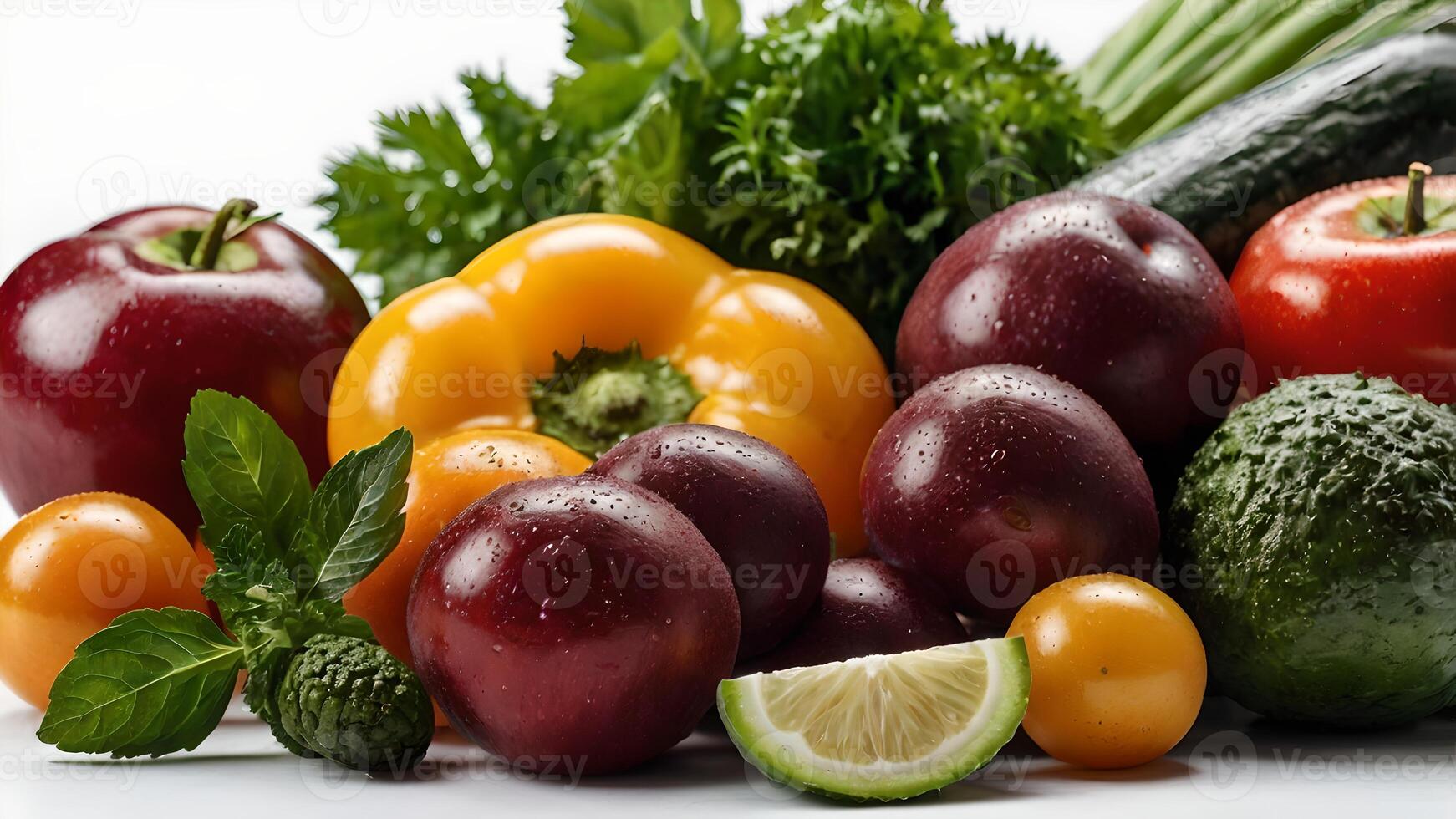 Colorful Fresh Vegetables and Fruits Arrangement on White Background photo