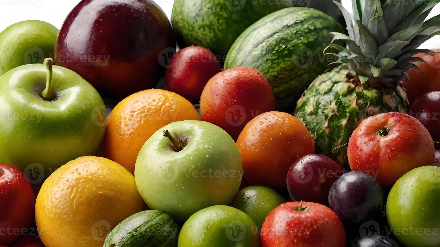 Colorful Fresh Fruits and Vegetables Arranged on a White Background photo