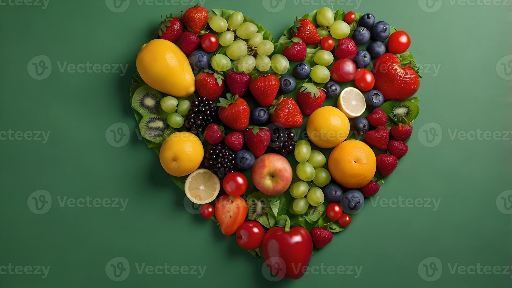 Fresh Fruit and Vegetable Heart Shape on Green Background photo