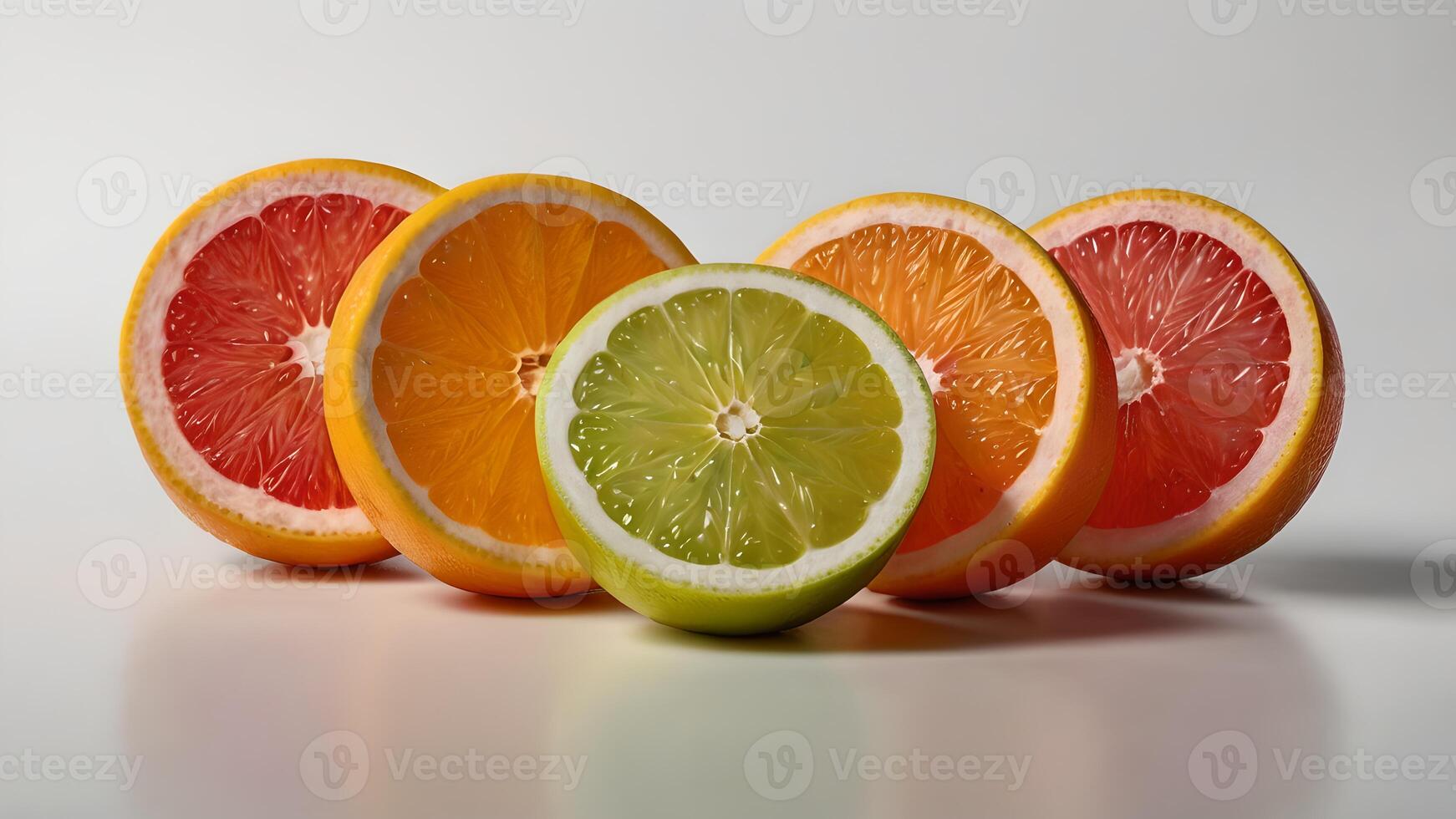 Colorful Citrus Fruits Slices Arranged on White Background photo