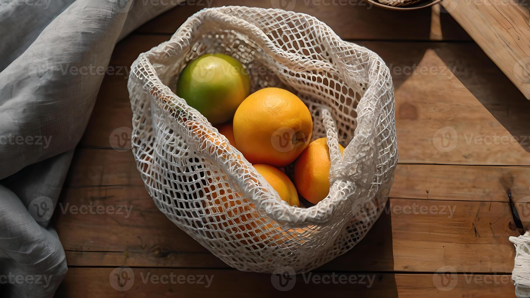 Reusable Cotton Mesh Bag With Fresh Fruits On Wooden Table photo