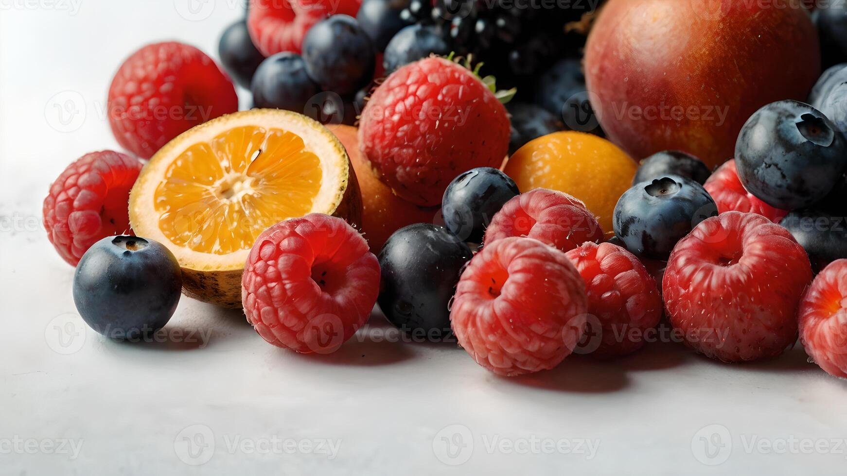 Fresh Summer Fruits and Berries on White Background photo