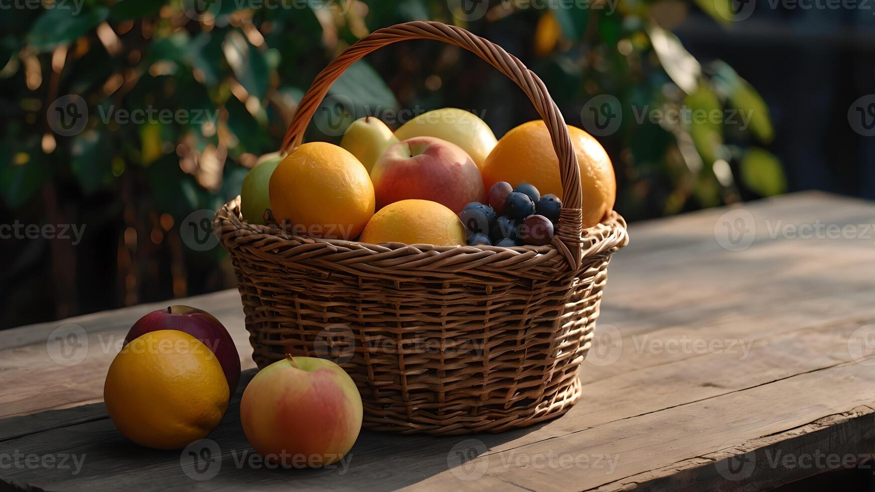Wicker Basket Filled With Fresh Fruit On A Rustic Wooden Table photo