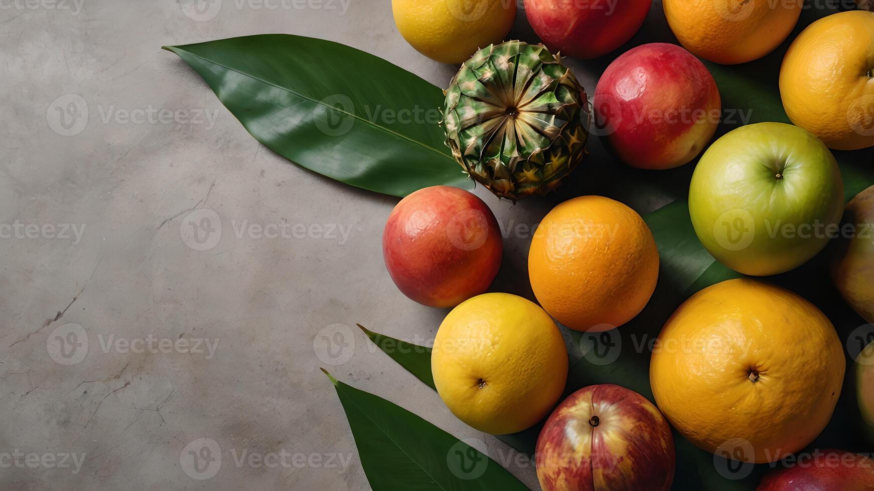Colorful Tropical Fruits Displayed on a Concrete Surface photo