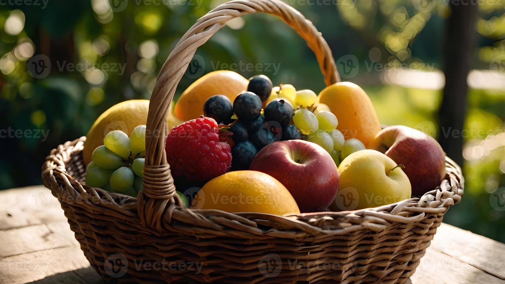 Fresh Fruit Basket In Sunlight With Natural Background photo