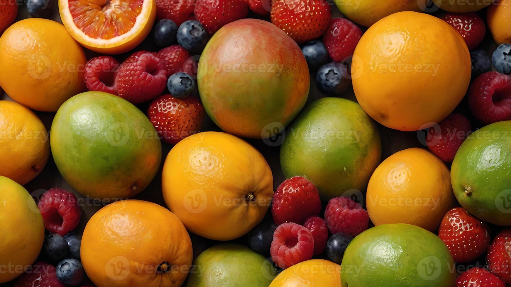 Colorful and Delicious Fruits Background with Mango, Papaya, Strawberries and Oranges photo