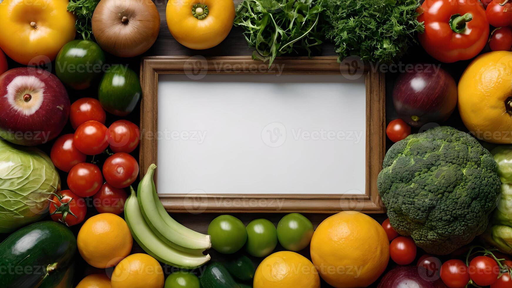 Colorful Fruits and Vegetables Surrounding a Wooden Frame photo
