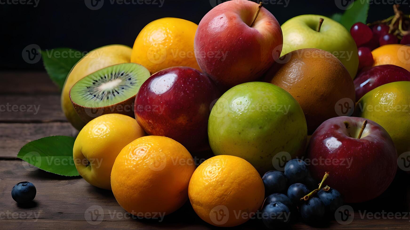 A Colorful Arrangement of Fresh Fruit on a Wooden Table photo