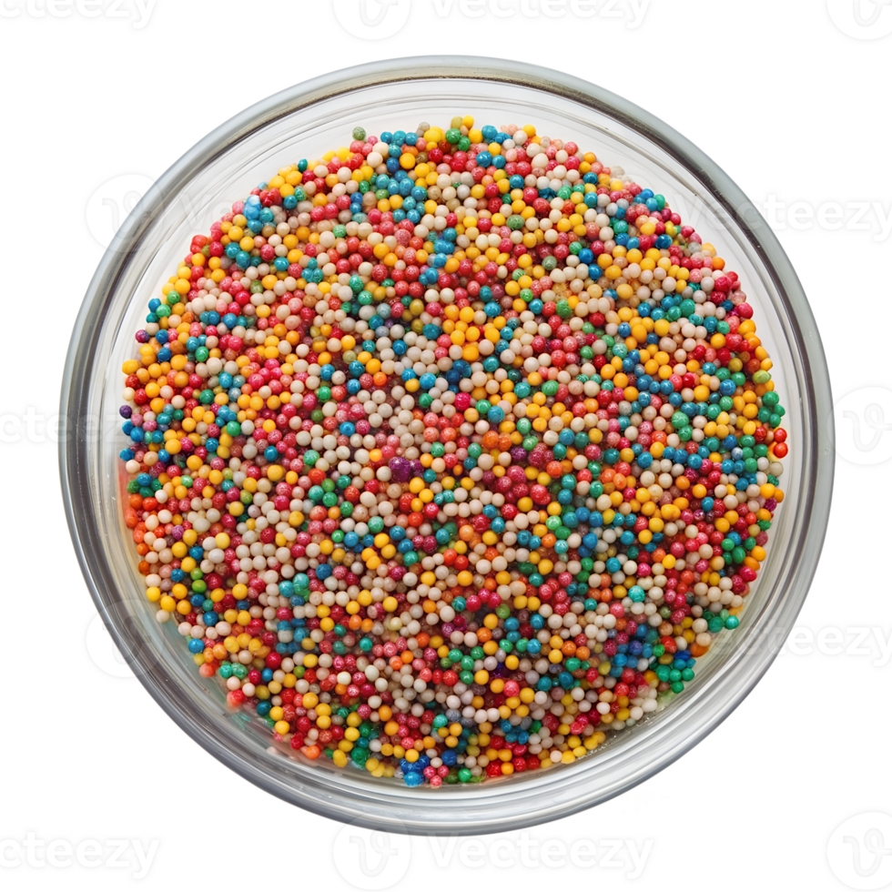 A top view clear glass Bowl of Rainbow Sprinkle isolated on a transparent background png