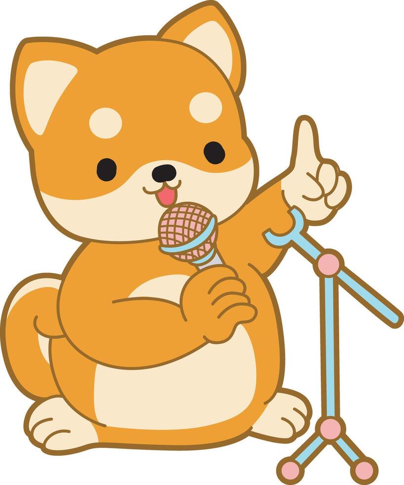 Shiba Inu sing a song with microphone. Cute puppy kawaii dog lovely animal icon. Fluffy Shiba Inu pet stickers. Happy doggy activities illustrations. vector
