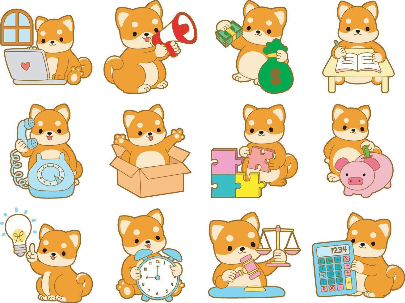 Shiba Inu in the variation of learning and smart. Cute puppy kawaii dog lovely animal icon. Fluffy Shiba Inu pet stickers. Happy doggy activities illustrations. vector