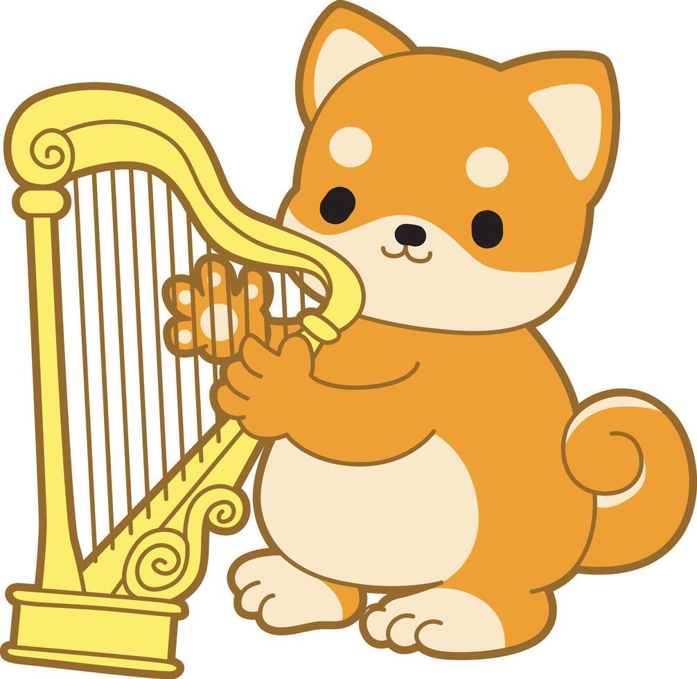 Shiba Inu playing a harpa. Cute puppy kawaii dog lovely animal icon. Fluffy Shiba Inu pet stickers. Happy doggy activities illustrations. vector