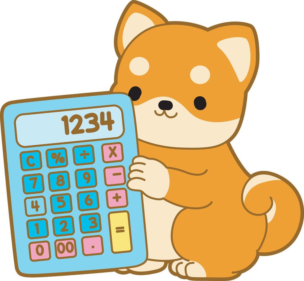 Shiba Inu bring a calculator. Cute puppy kawaii dog lovely animal icon. Fluffy Shiba Inu pet stickers. Happy doggy activities illustrations. vector