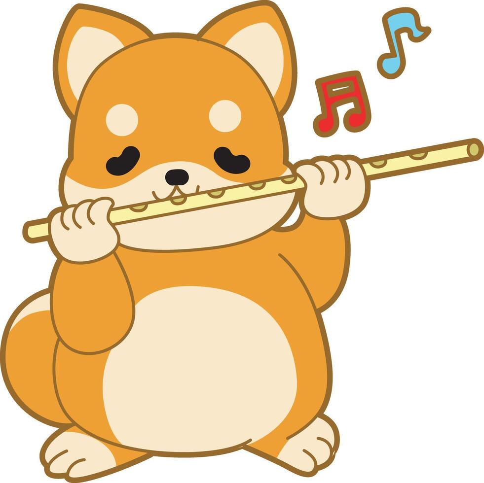 Shiba Inu playing a flute. Cute puppy kawaii dog lovely animal icon. Fluffy Shiba Inu pet stickers. Happy doggy activities illustrations. vector