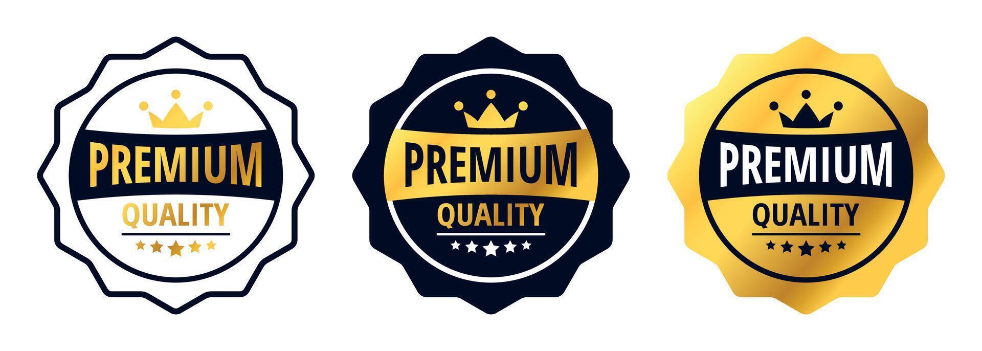 Premium quality gold badge. Golden label with stars and crown isolated on white background vector