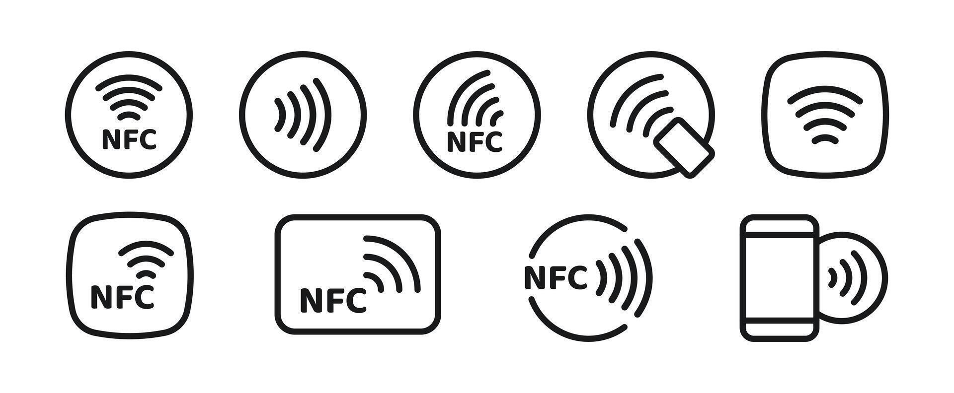 NFC payment icon set. Contactless wireless pay sign. NFC technology icon. Credit card nfc payment. Editable stroke. line icon vector