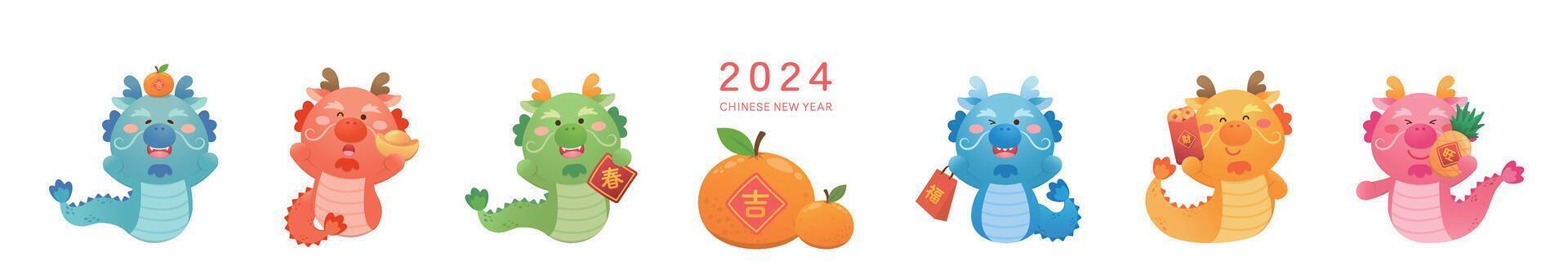 6 cute Chinese dragon characters or mascots or cartoon characters, playful and cute, elements for Chinese New Year vector