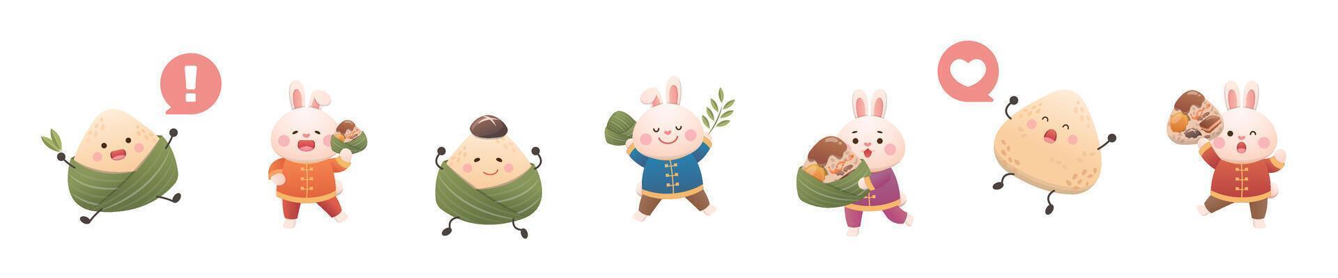 Cute mascots of Rabbit and Dragon Boat Festival Zongzi, happy to celebrate Chinese festival vector