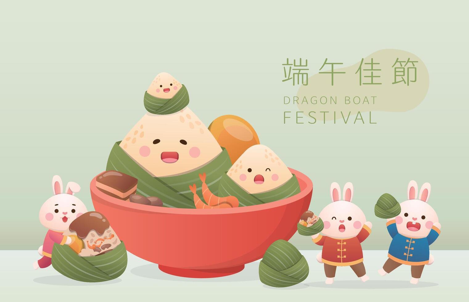 Dragon Boat Festival greeting card design, playful mascots of zongzi and rabbit vector