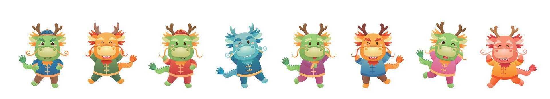 Cute Chinese dragon character or mascot with Chinese New Year, Year of the Dragon, cartoon playful and fun style, set vector