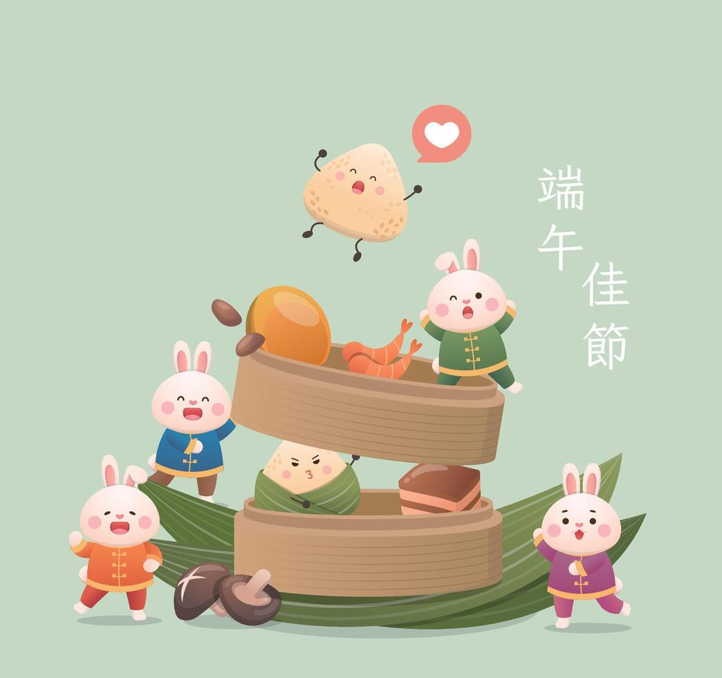 Chinese traditional festival, poster of cute rabbit and rice dumpling mascot vector