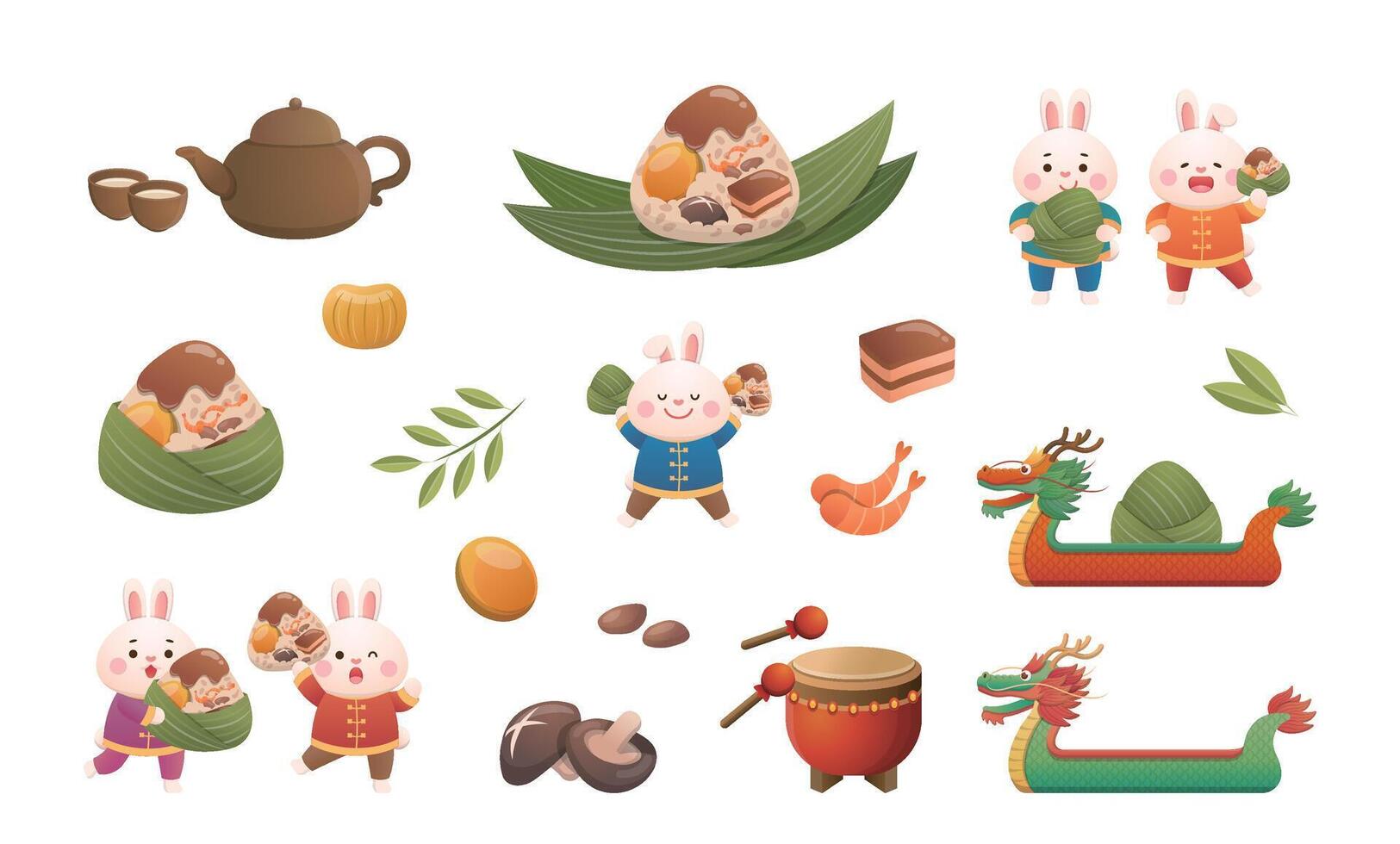 Set of elements for the Dragon Boat Festival, Chinese and Taiwanese festivals, rice dumplings and rabbits and boats with dragons, traditional culture vector