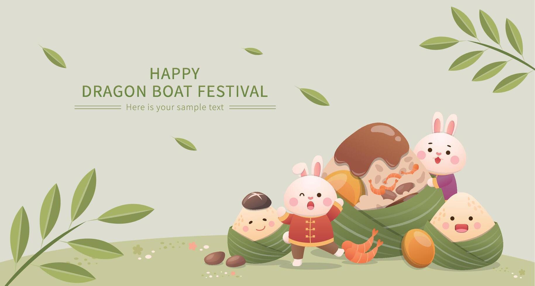 Chinese dragon boat festival, poster with cute rabbit and zongzi mascot vector