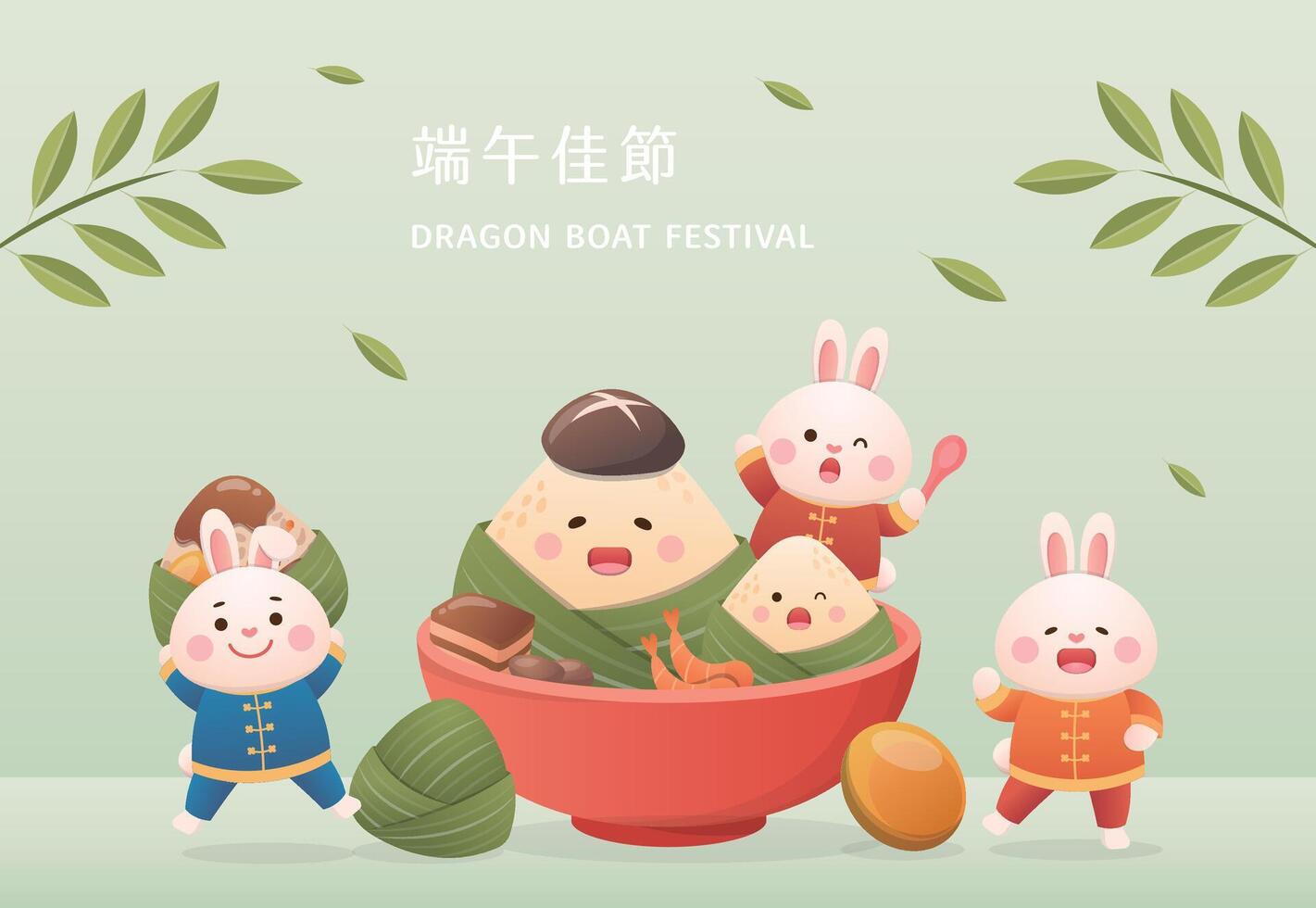 Green Dragon Boat Festival greeting card design, playful mascots of zongzi and rabbit vector