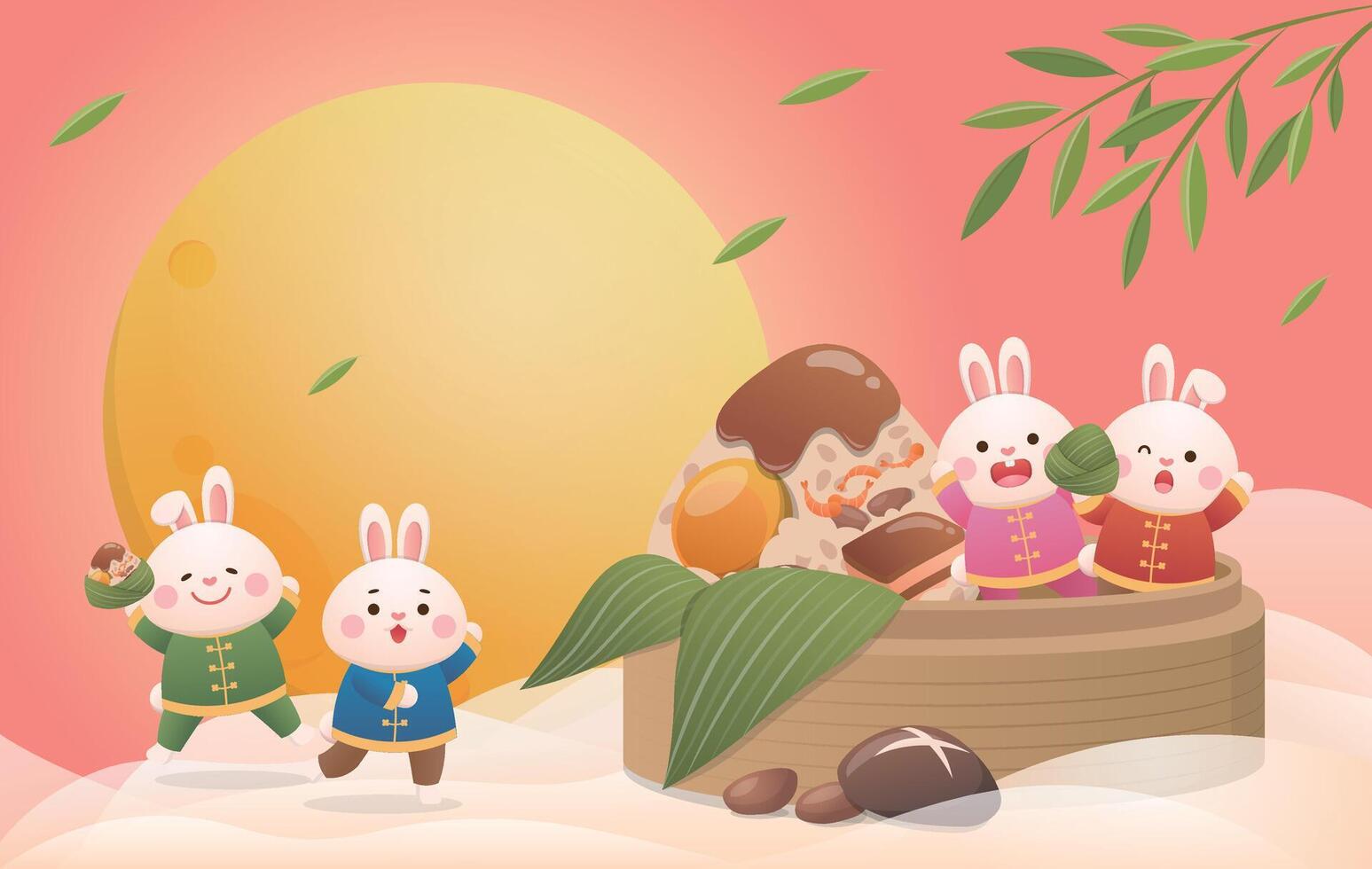 The moon and cute rabbits and rice dumplings and bamboo steamers, posters for the Dragon Boat Festival, traditional festivals in China and Taiwan vector